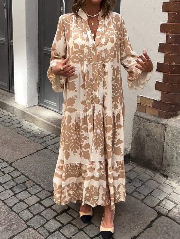 VESTIDO MAXI CON ESCONTE EN  V  Y MANGA 3/4