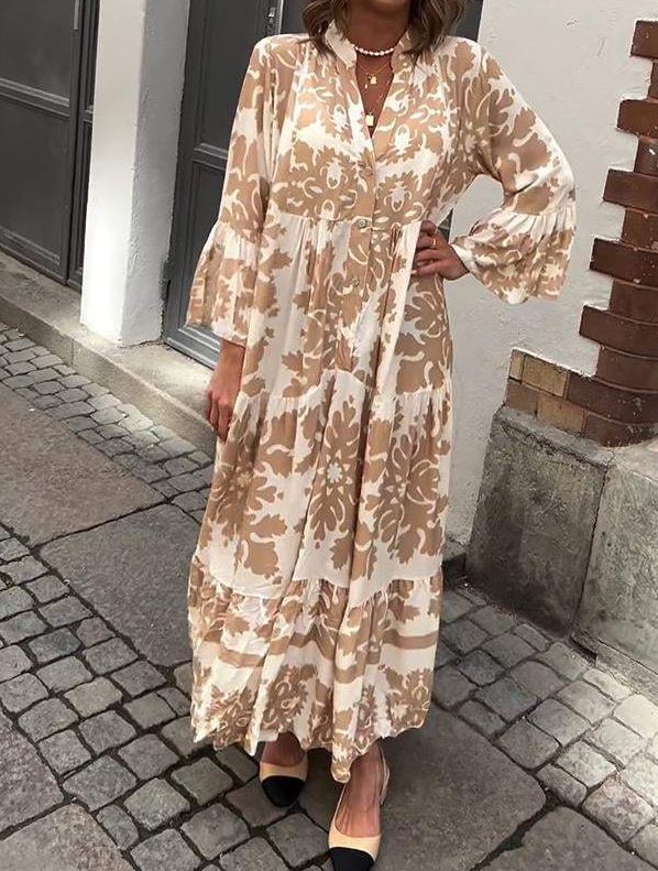 VESTIDO MAXI CON ESCONTE EN  V  Y MANGA 3/4