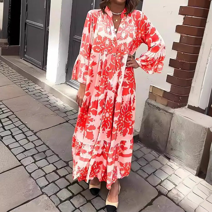 VESTIDO MAXI CON ESCONTE EN  V  Y MANGA 3/4
